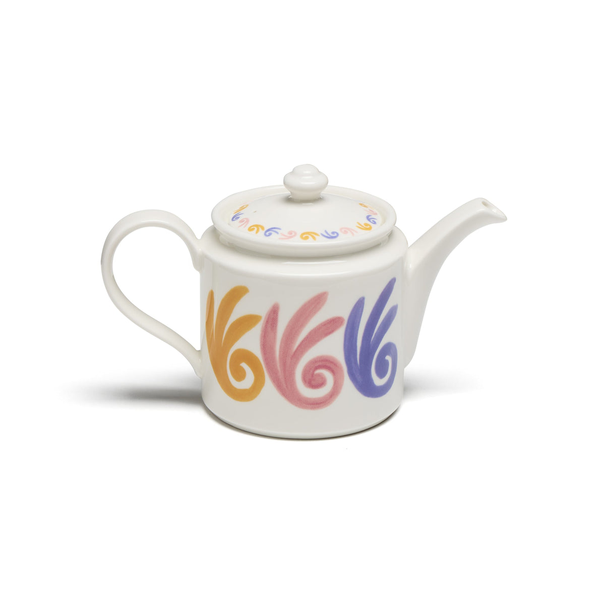 Front view of Gaia Purple & Pink Tea Set showcasing a white porcelain teapot with purple, pink, and gold swirl patterns on a white background