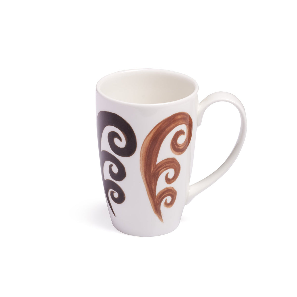Angled view of Athenee Peacock mug showcasing hand-painted two-tone brown peacock motif on white porcelain against a white background