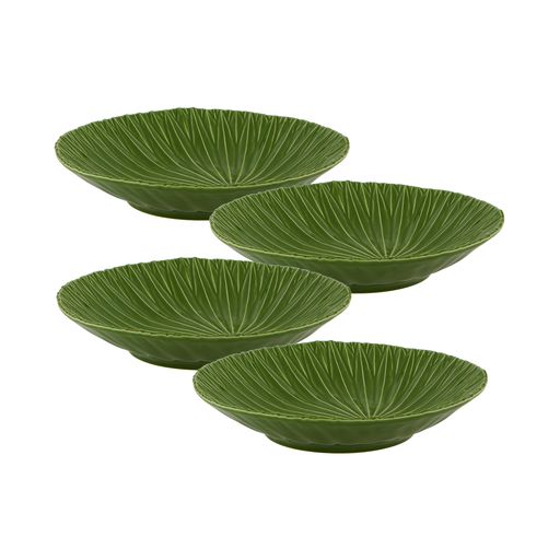 Angled view of Amazonia Soup Plate, Set of 4 showcasing green leaf-inspired patterns on a white background