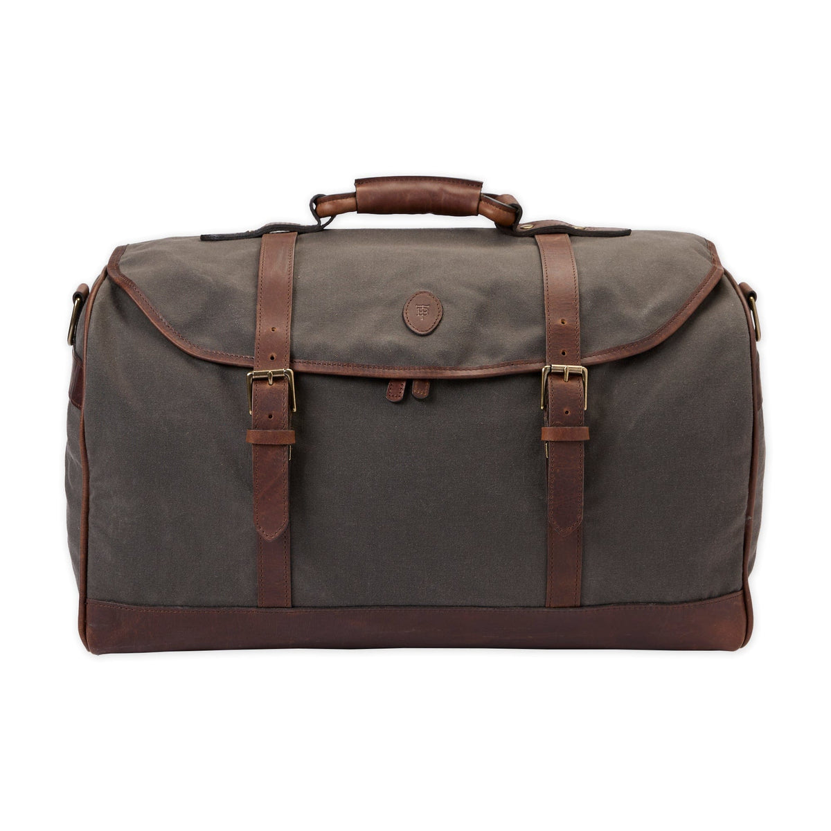 Front-facing Canvas Weekender Duffel Bag in bark canvas with full-grain leather straps and brass buckles on white background
