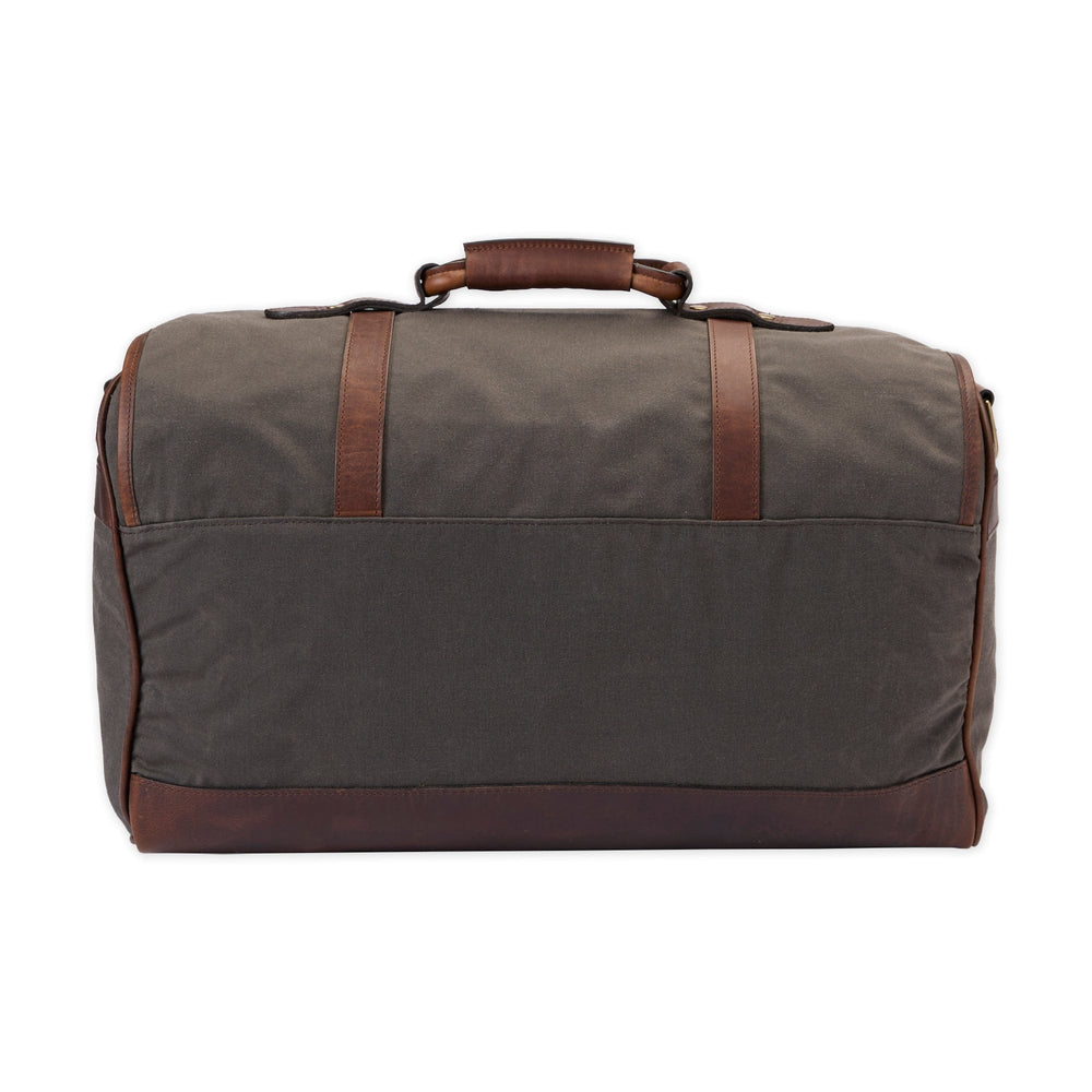 Rear view of Canvas Weekender Duffel Bag showcasing bark canvas body with brown leather trim, top handle, on white background