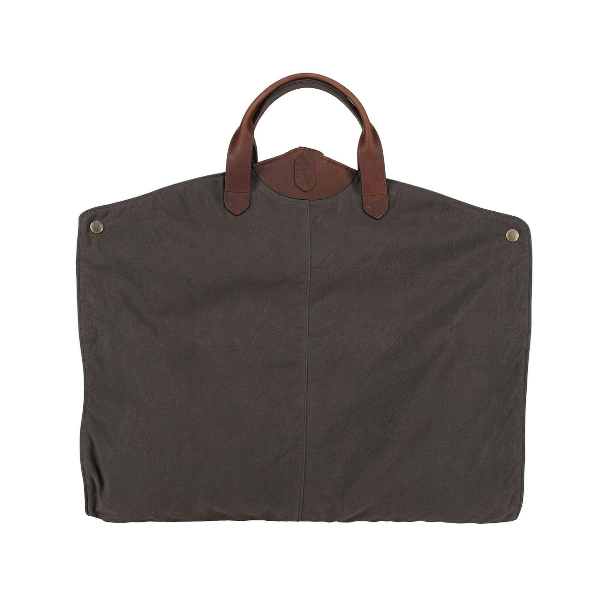 Front view of wax canvas garment bag showing Bark brown canvas, leather handles and top snap closures on white