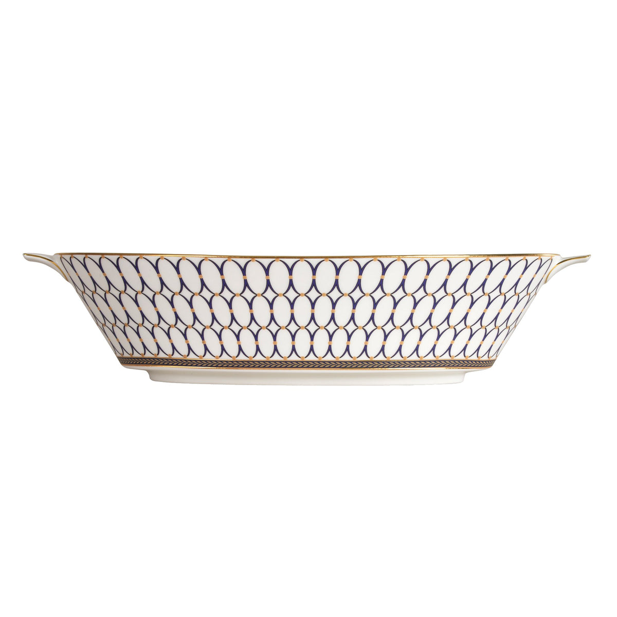 Side view of Renaissance Gold Open Oval Vegetable Dish showcasing gold rim and richly patterned design on white background