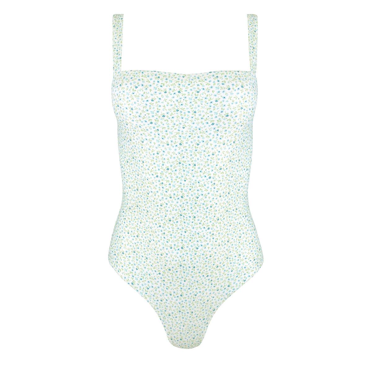 Front view of Women’s Hibiscus Ditsy Simple Neckline One Piece showcasing floral print and high leg opening on white background
