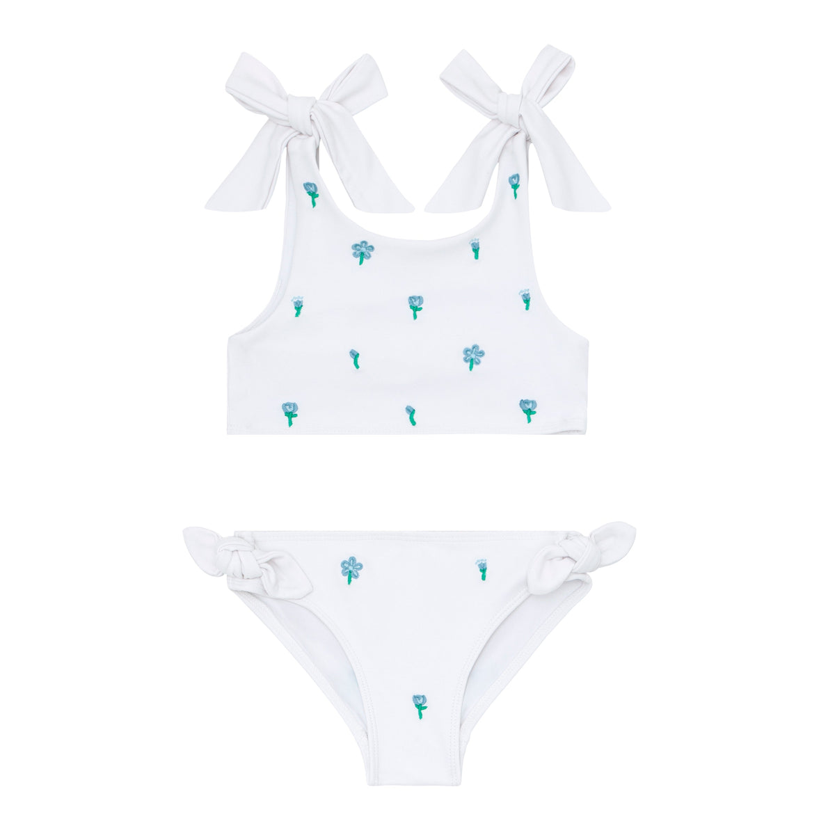 Front view of minnow x Fanm Mon Girls Coconut Grove White Tie Knot Bikini with white tie knots and hibiscus details