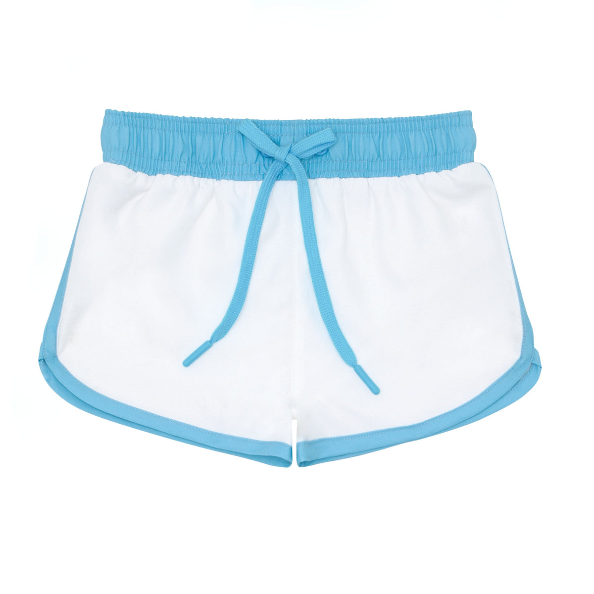 Front view of minnow x Fanm Mon Coconut Grove White Boardie showcasing turquoise waistband, drawstring, and trim