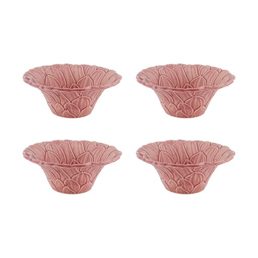 Front view of Maria Flor Bowl Dahlia, Set of 4 showcasing pink dahlia relief on white background