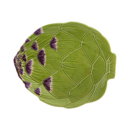Top view of Artichoke Dinner Plate in Green showcasing raised artichoke leaf details and purple accents on a white background