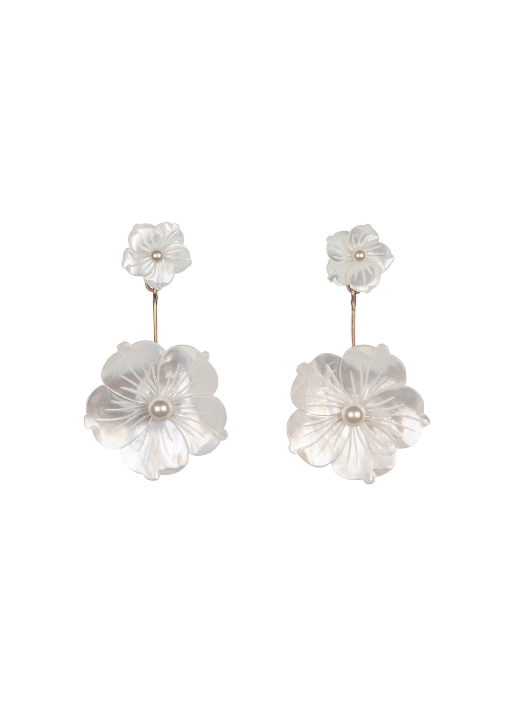 Front view of Zinnia drop earrings showcasing carved mother-of-pearl flowers with small pearl centers on a white background