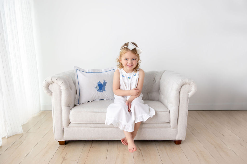 Zoe White Cotton Dress with Blue Butterfly Embroidery