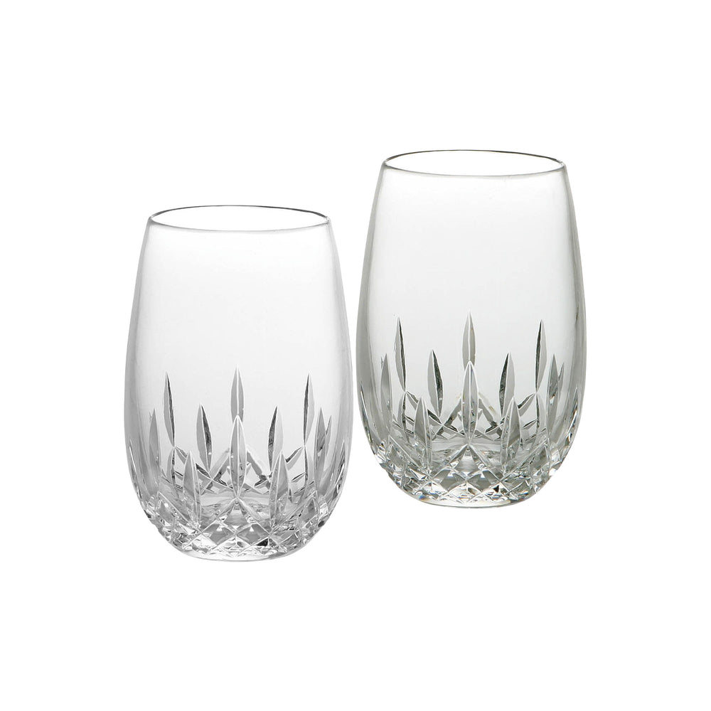 Front view of Lismore Essence 12 oz stemless wine glasses, set of 2, with diamond and wedge cuts on white background